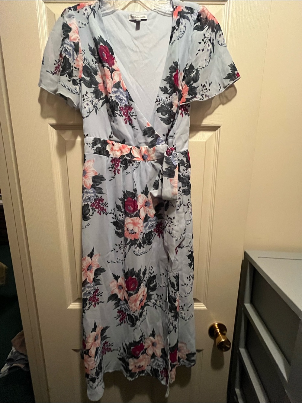 Charlotte Russe Blue Floral V-Neck Flutter Sleeve Wrap Tie Midi Dress Size M